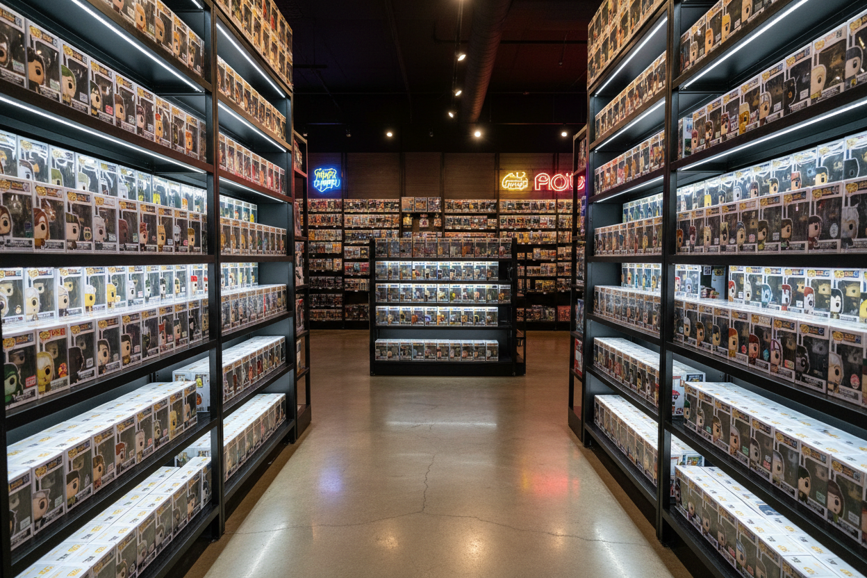 Can I get an image of Funko Pops on shelves with space in the middle for a logo that will overlay it?